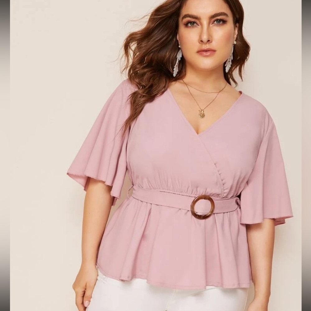 SHEIN Plus Butterfly Sleeve Surplice Front Belted Peplum Blouse